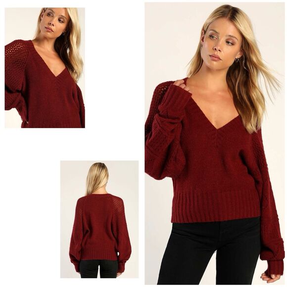 Lulus Trend Maker Sweater Women's XS Burgundy Pointelle Knit V Neck Med Weight - Picture 1 of 13